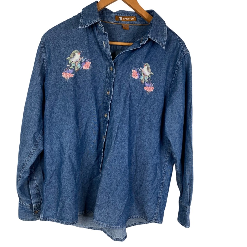 Harriton Women's Chambray Denim Button Up Hummingbird Top Blue Size XL